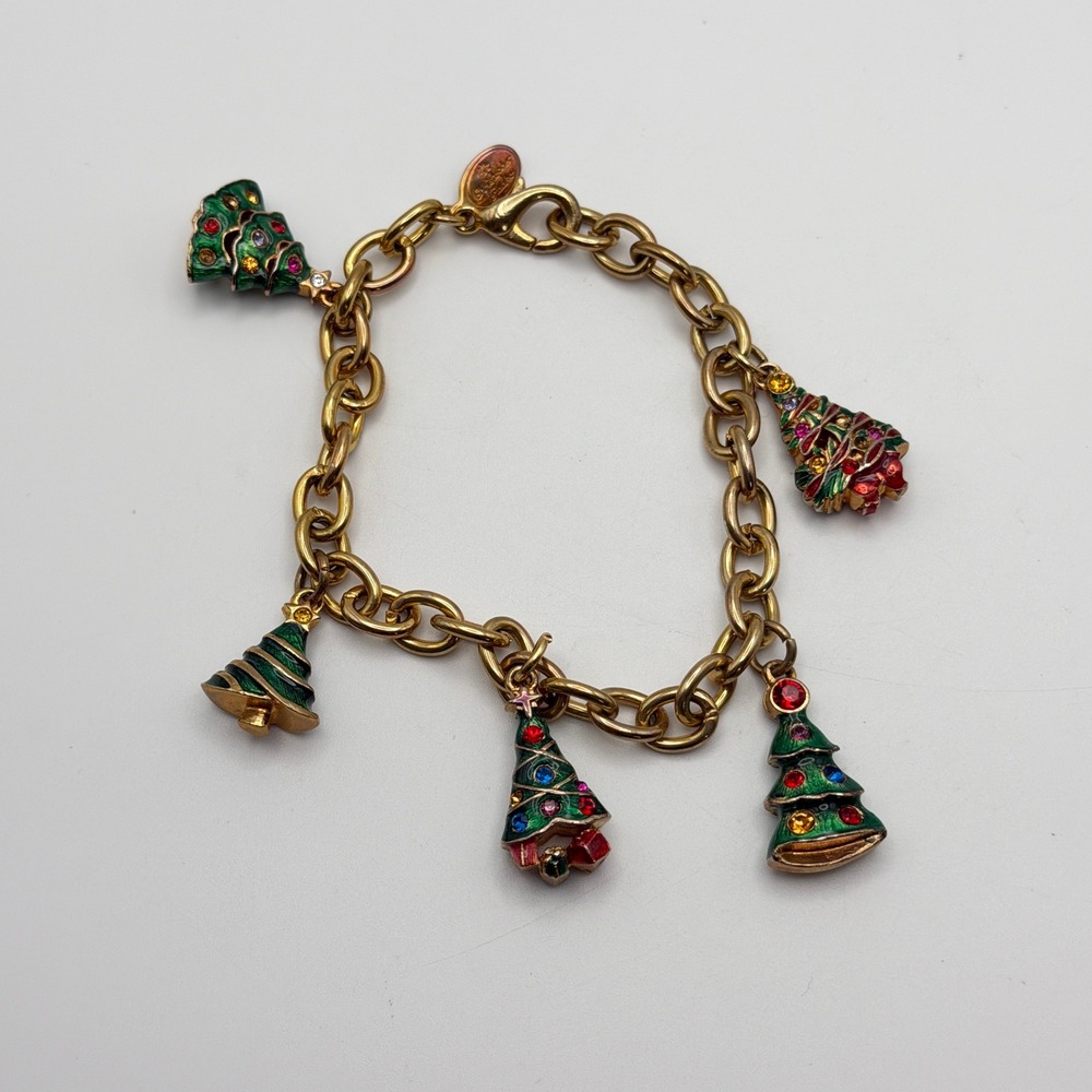 Christopher Radko Christmas Tree Charm Bracelet Gold Tone Enamel Rhinestone 7.25